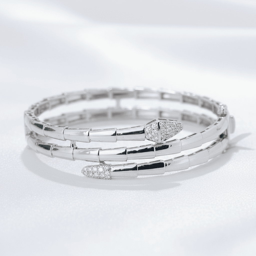 White Gold Triple-Coil Snake Diamond Bangle — SK030