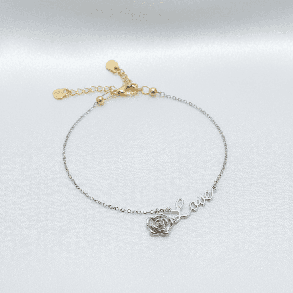 White Gold Rose Love Script Charm Bracelet — BR023