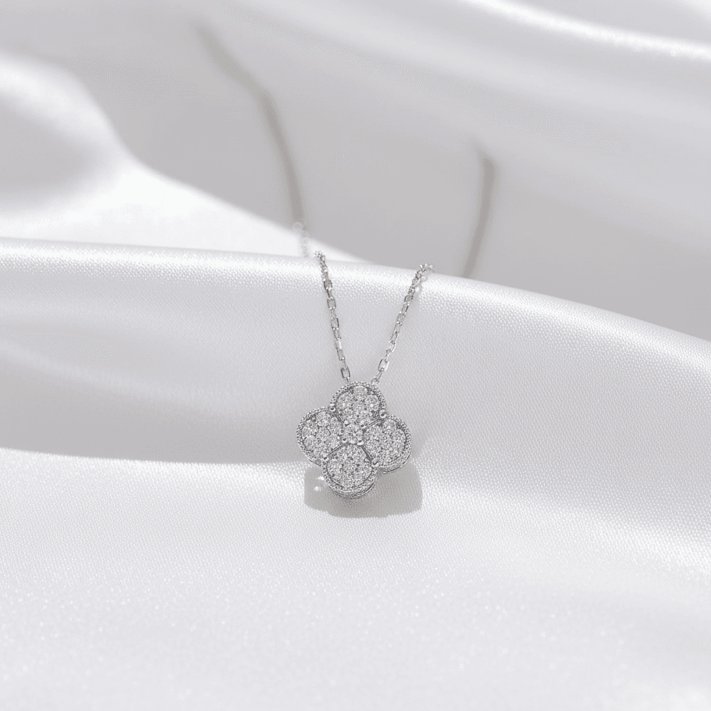 White Gold Clover Flower Diamond Chain Necklace — CN004