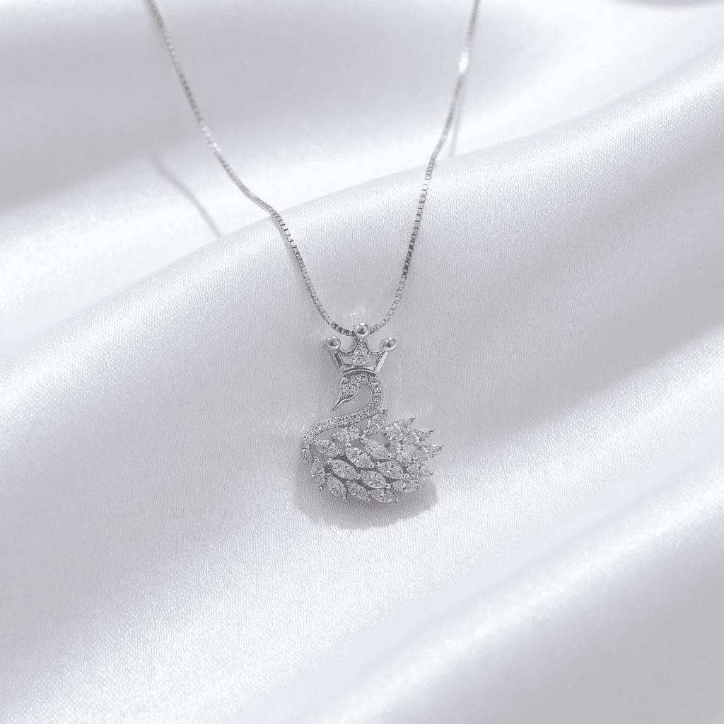 White Gold Swan Crown Diamond Pendant Chain Necklace — CN009