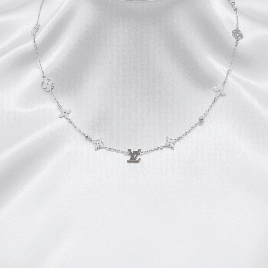 White Gold Clover Monogram LV Station Chain Necklace — CN013
