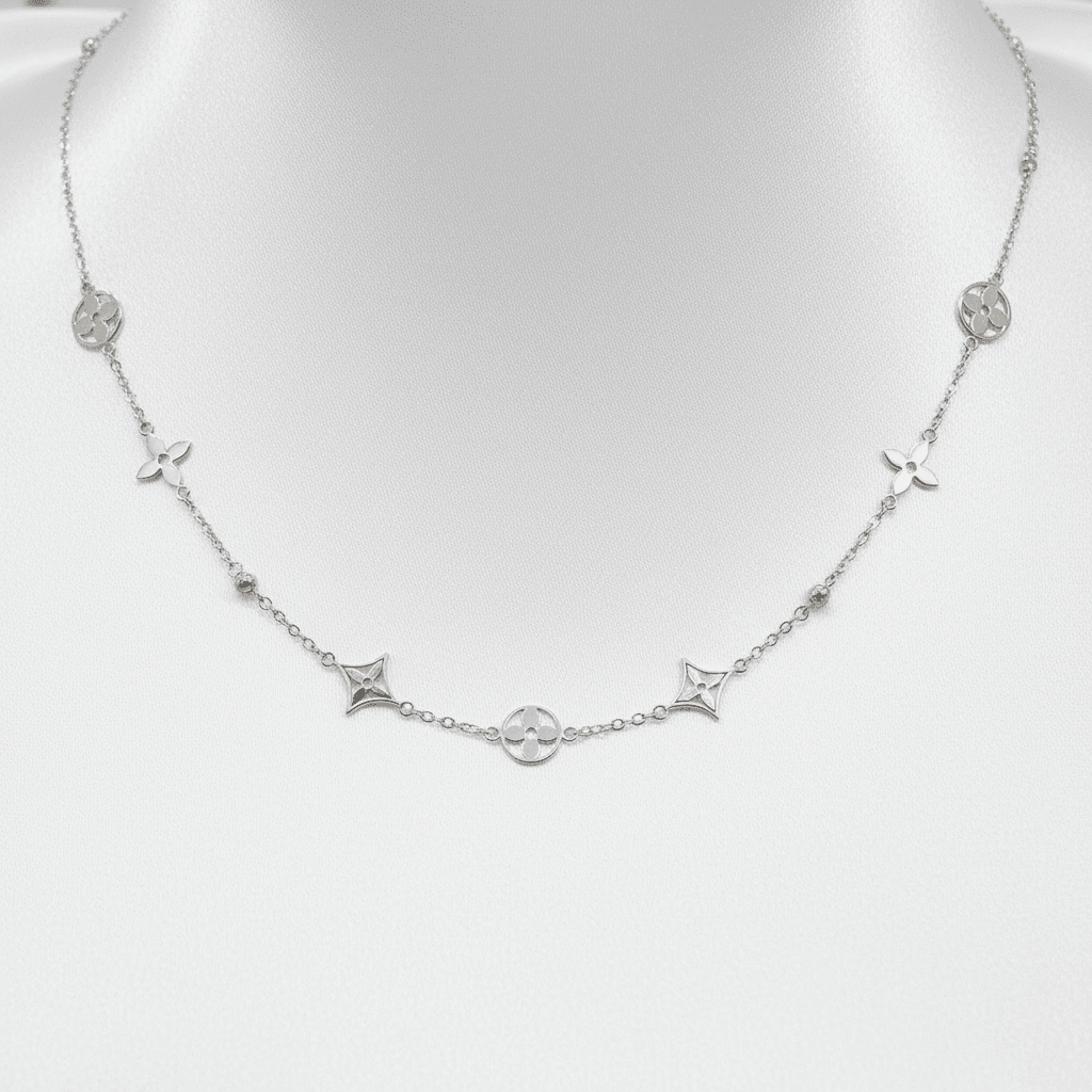 White Gold Star Flower Station Chain Necklace — CN014