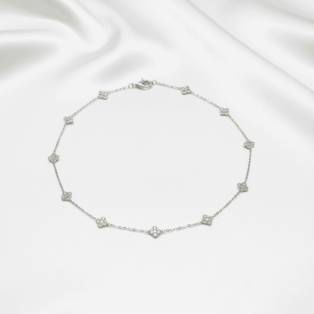 White Gold Clover Diamond Station Chain Necklace — CN015