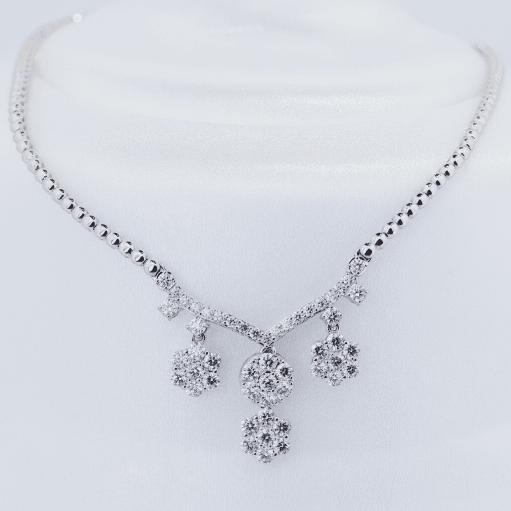 White Gold Bead Chain Diamond Cluster Drop Necklace — DN002