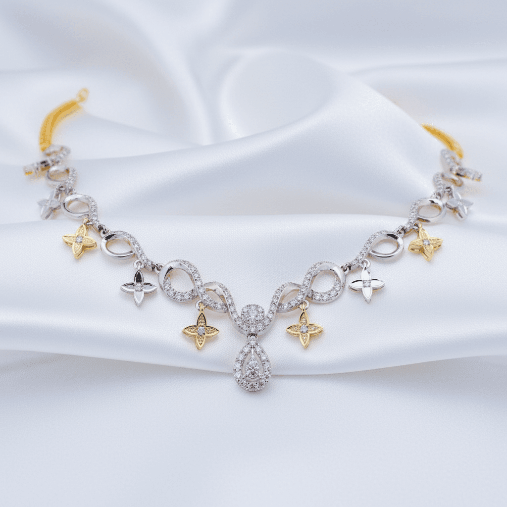 Two-Tone Floral Swirl Diamond Teardrop Necklace — DN003