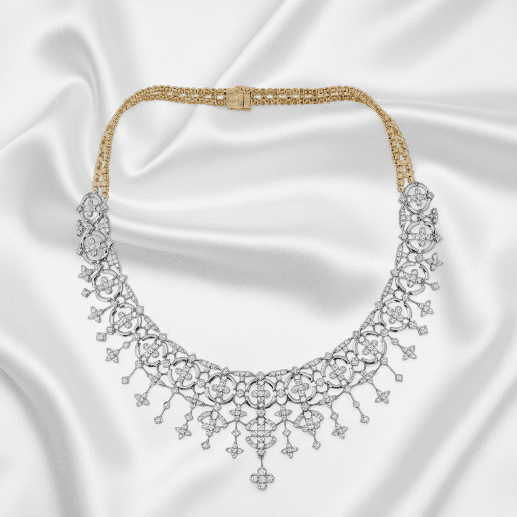 Two-Tone Filigree Floral Diamond Statement Necklace — DN009