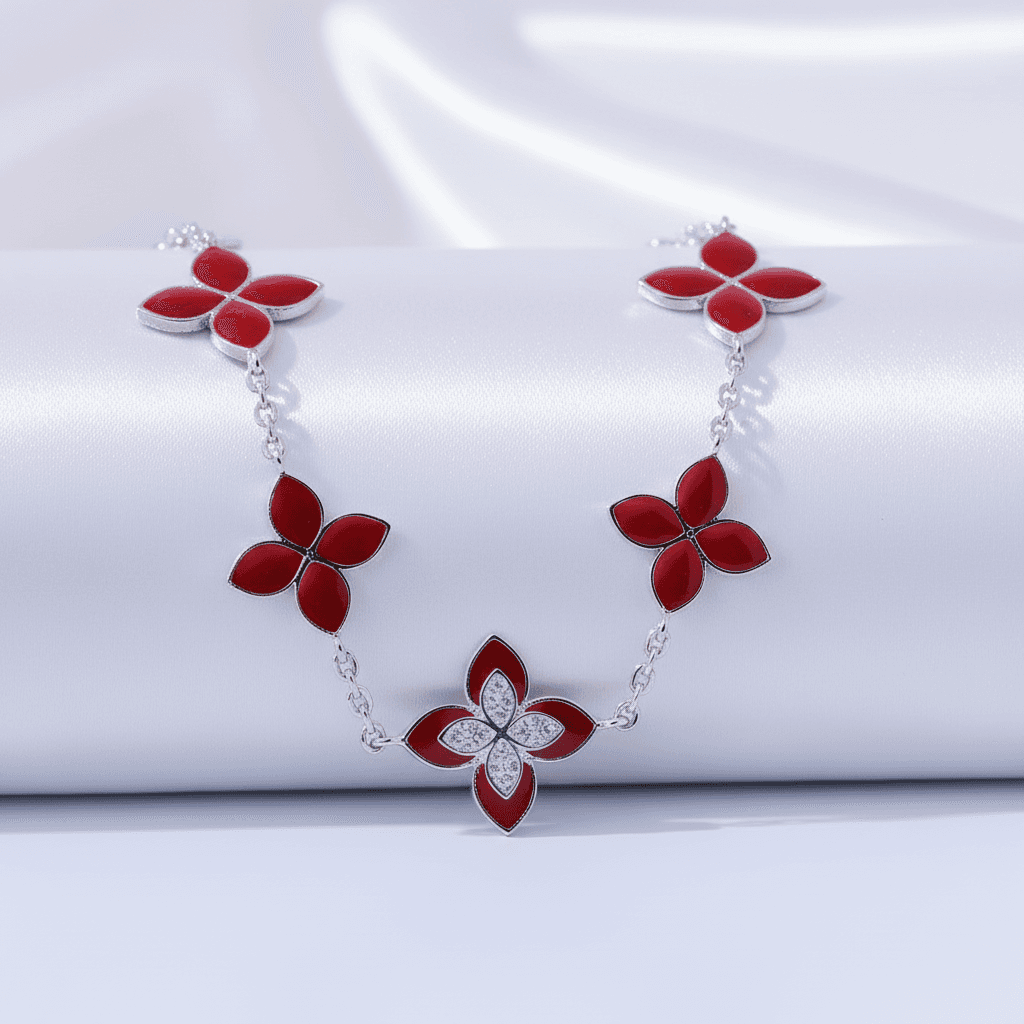 White Gold Red Enamel Flower Diamond Station Necklace — DN010