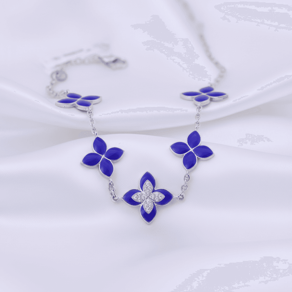 White Gold Blue Enamel Flower Diamond Station Necklace — DN012