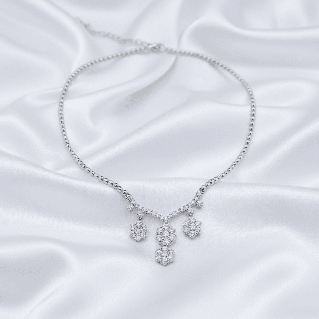 White Gold Bead Chain Diamond Cluster V Drop Necklace — DN013