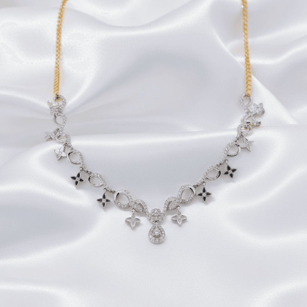 Two-Tone Diamond Flower Teardrop Drop Necklace — DN016