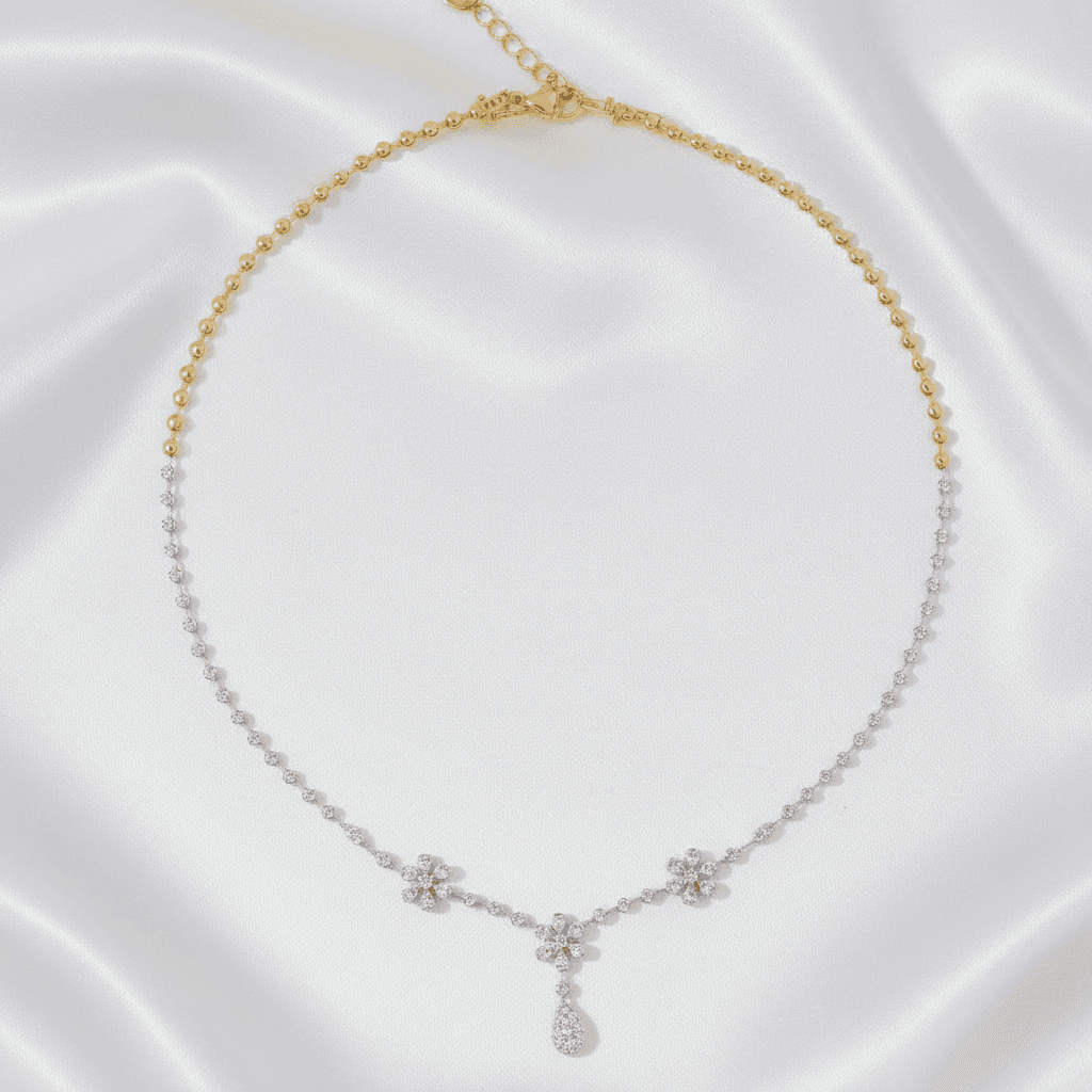 Two-Tone Gold Bead Chain Diamond Flower Teardrop Necklace — DN019