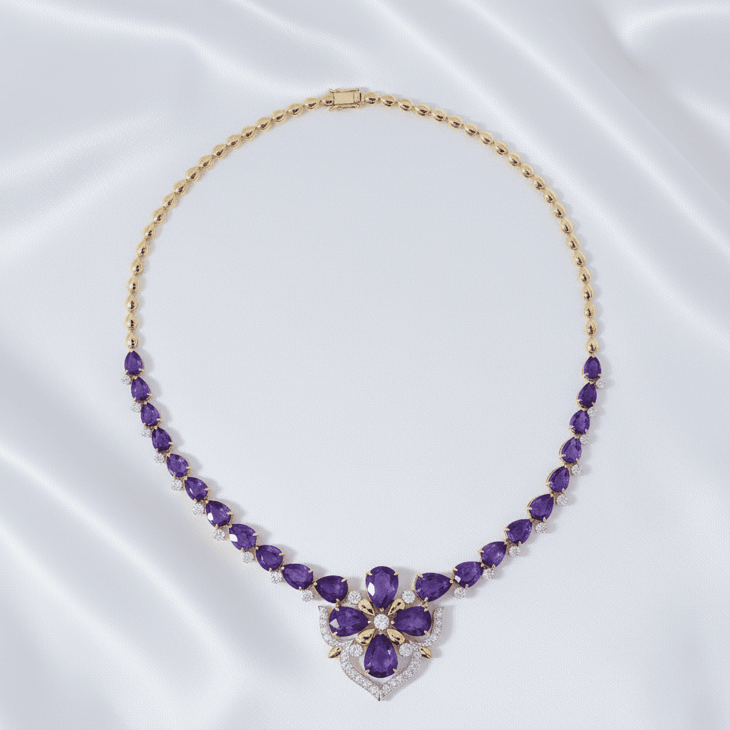 Gold Amethyst Pear Diamond Flower Statement Necklace — DN021