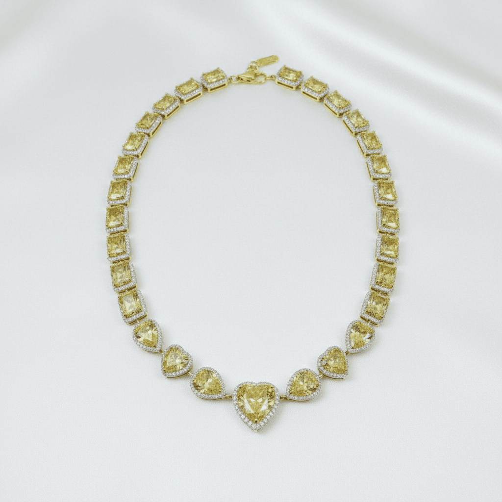 Yellow Diamond Heart Halo Tennis Necklace — DN027