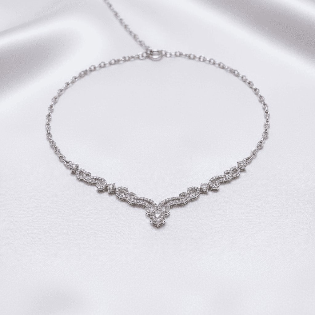 White Gold Diamond Wave Scroll Necklace — DN030