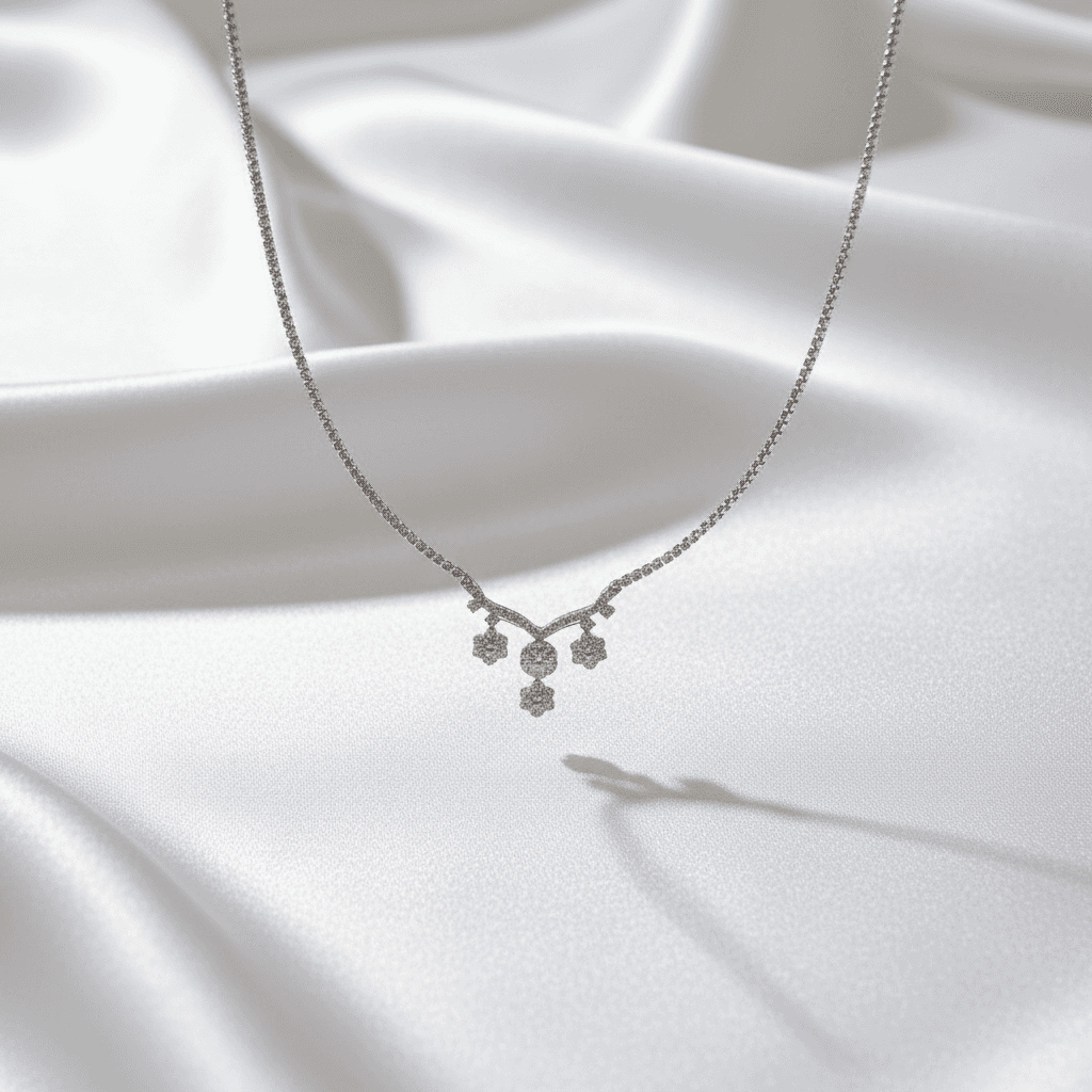 White Gold Flower Cluster Triple Drop Diamond Necklace — DN059