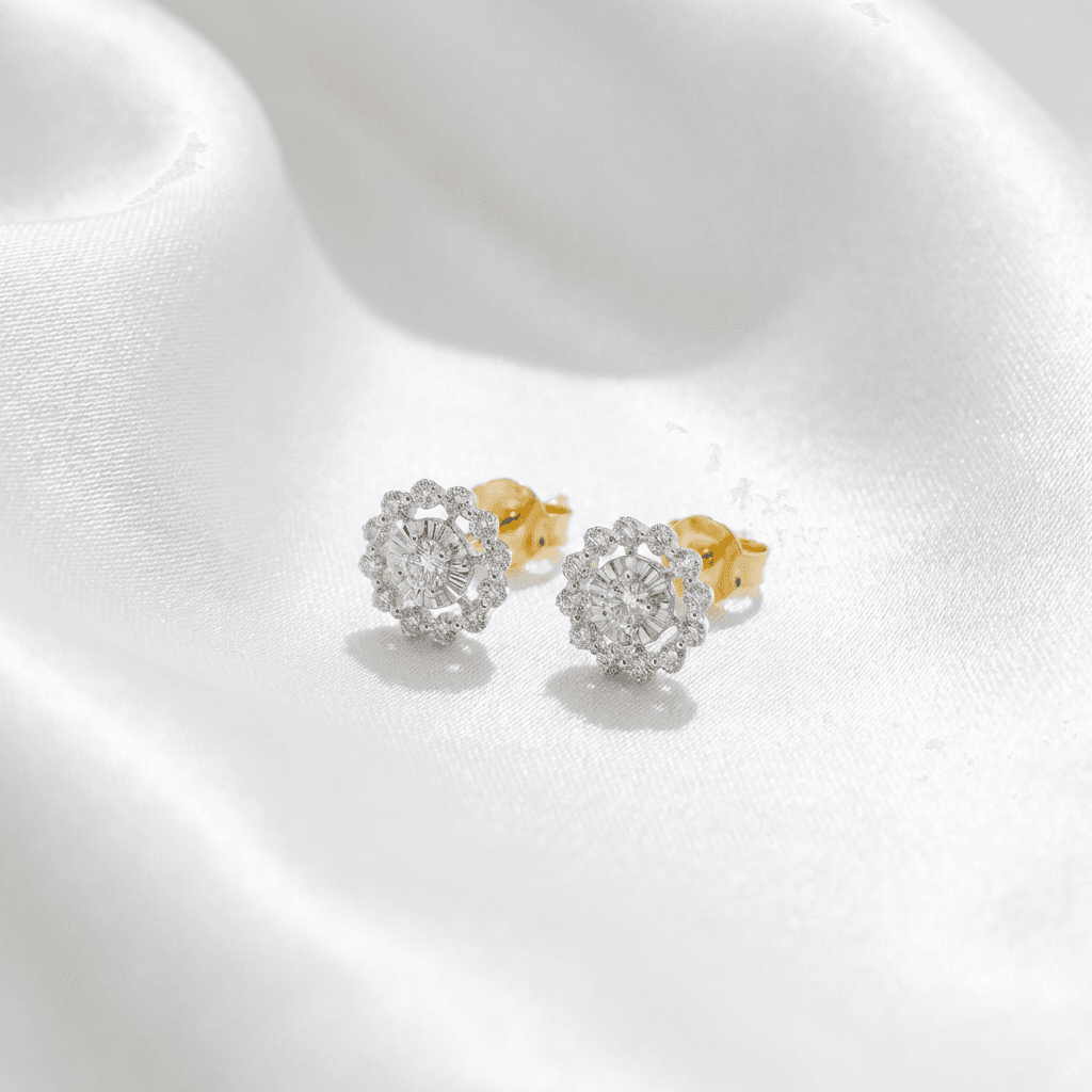 Flower Halo Diamond Stud Earrings — E0048
