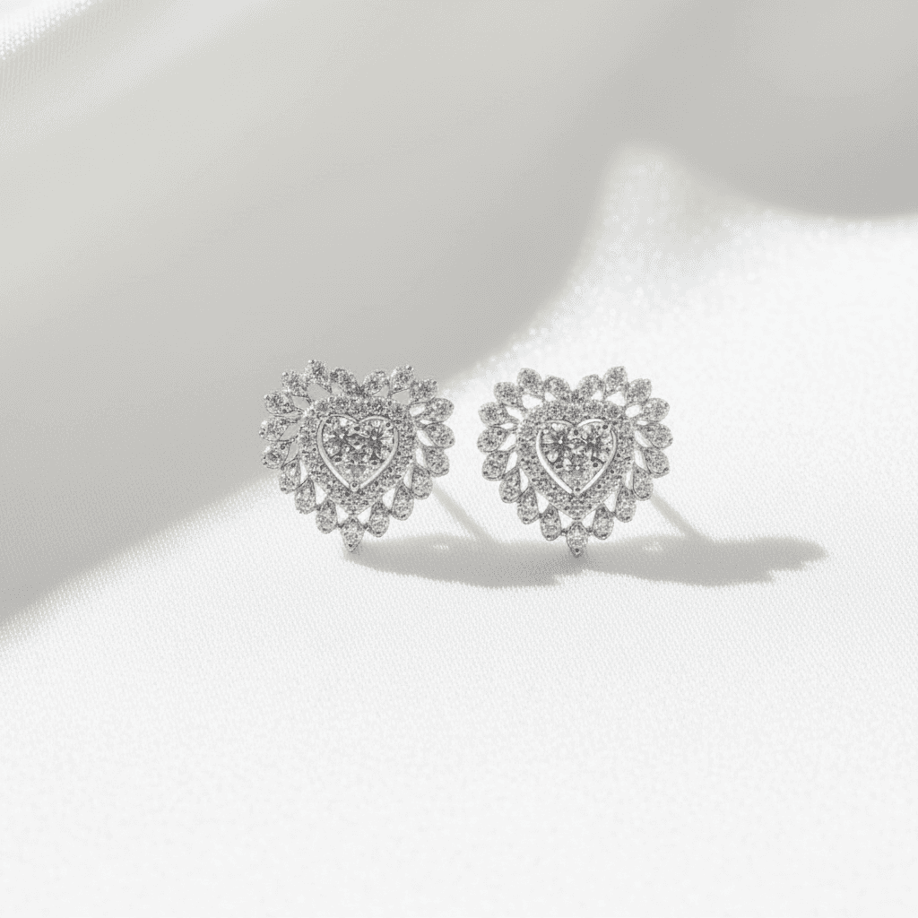 Heart Double Halo Diamond Stud Earrings — E007