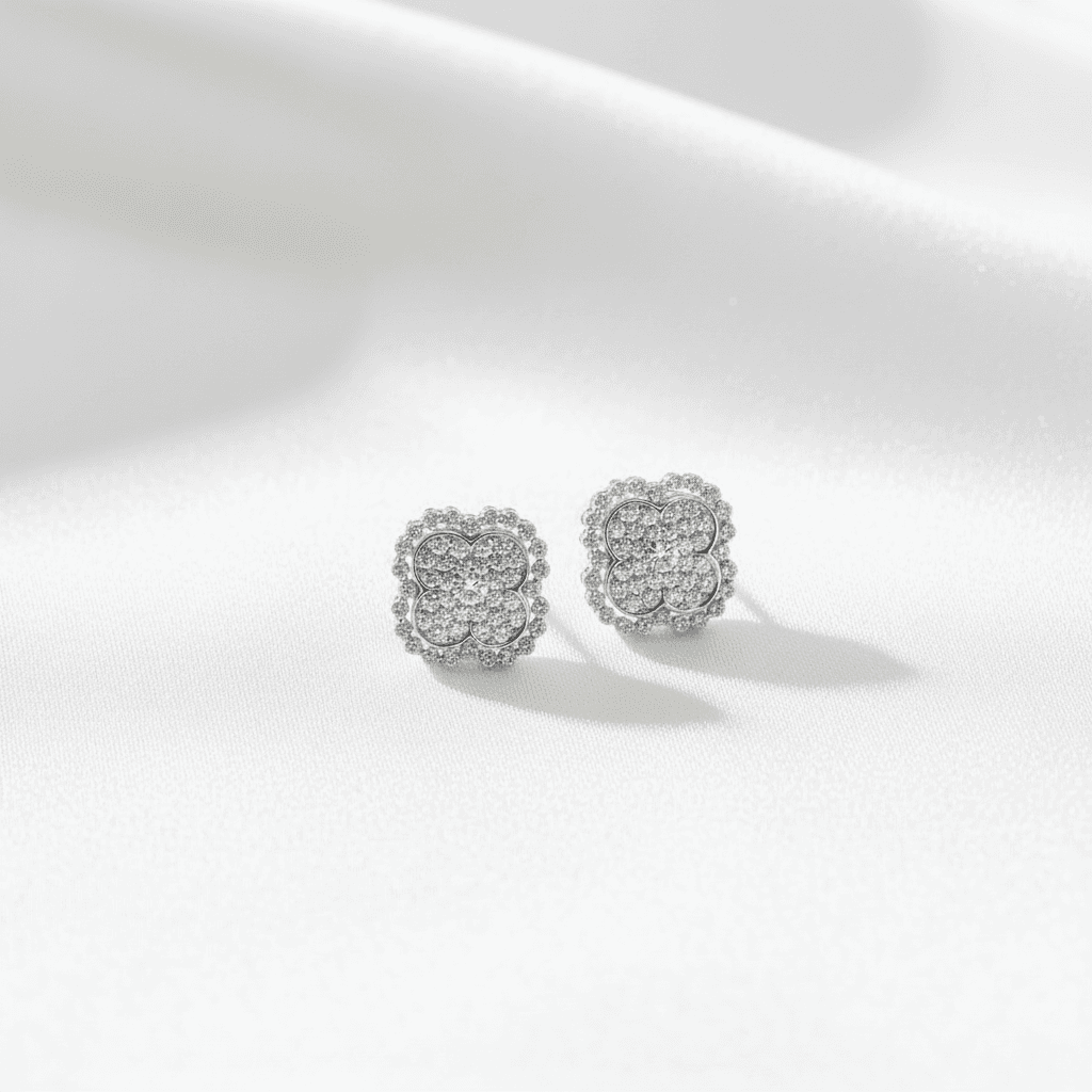 Clover Flower Halo Diamond Stud Earrings — E009