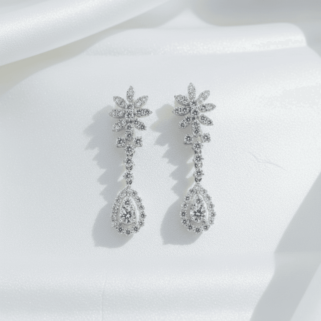Starburst Flower Teardrop Diamond Drop Earrings — E019
