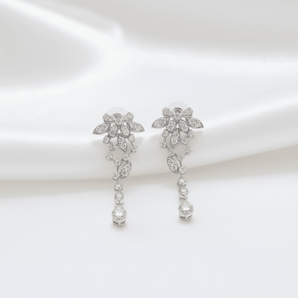 Floral Leaf Cascading Diamond Drop Earrings — E025