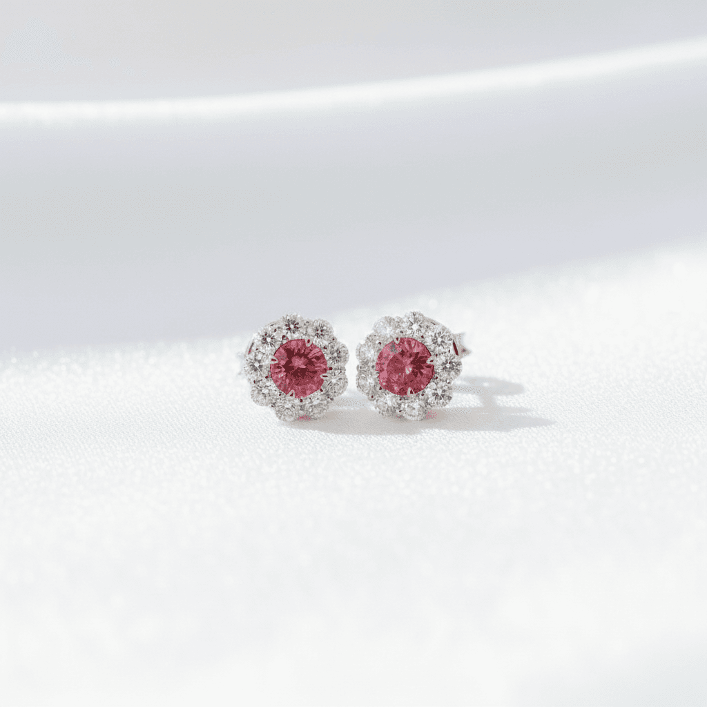 Pink Ruby Diamond Halo Stud Earrings — E027