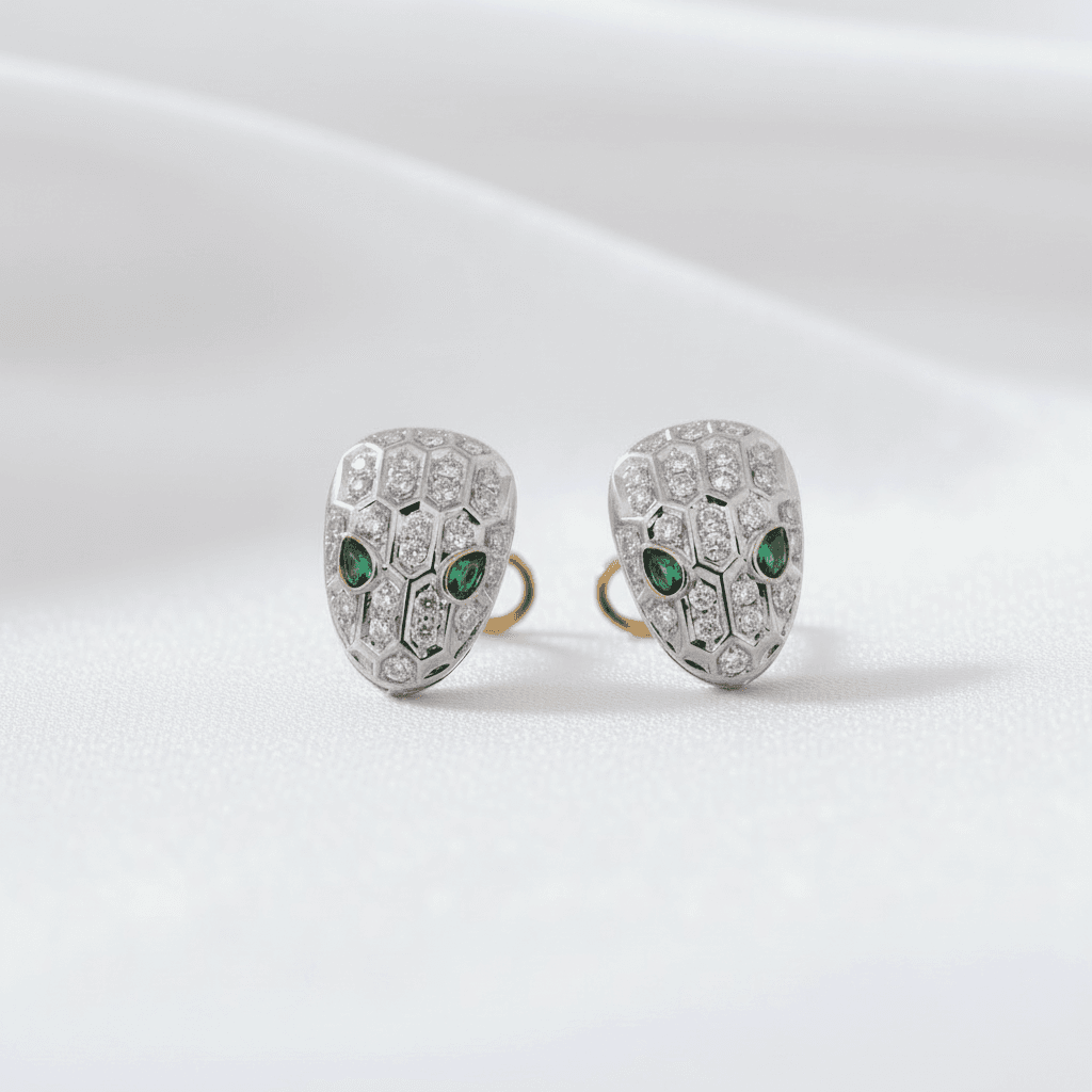 Coiled-Snake Diamond Emerald Eye Stud Earrings — E029