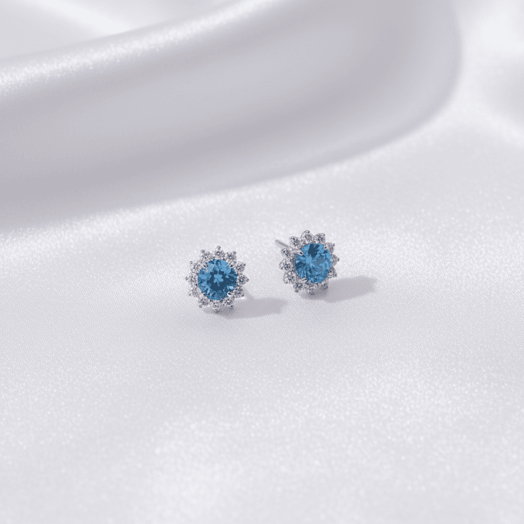 Blue Topaz Diamond Halo Stud Earrings — E035