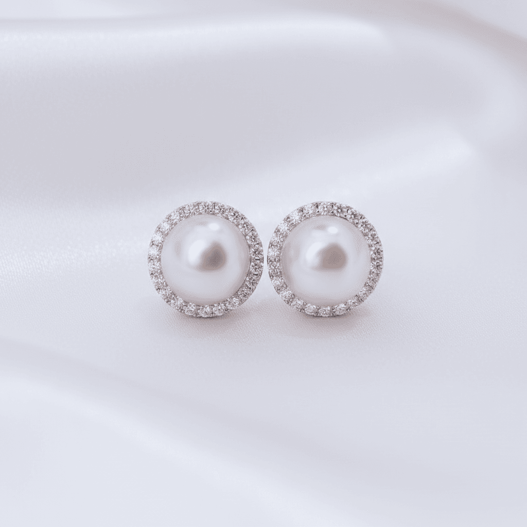 Pink Pearl Diamond Halo Stud Earrings — E037