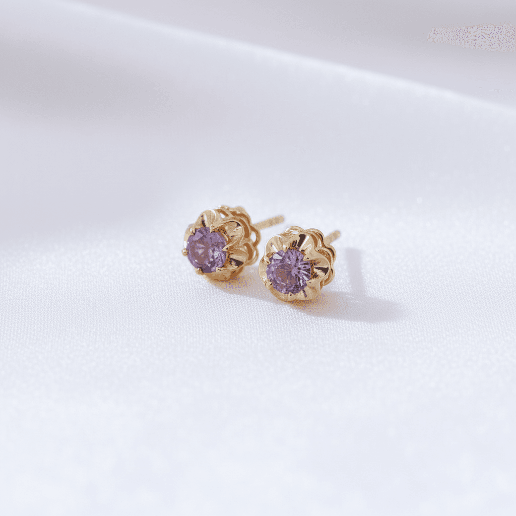 Amethyst Gold Flower Stud Earrings — E049