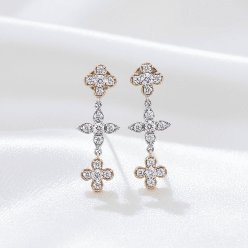 Triple Clover Flower Diamond Drop Earrings — E051
