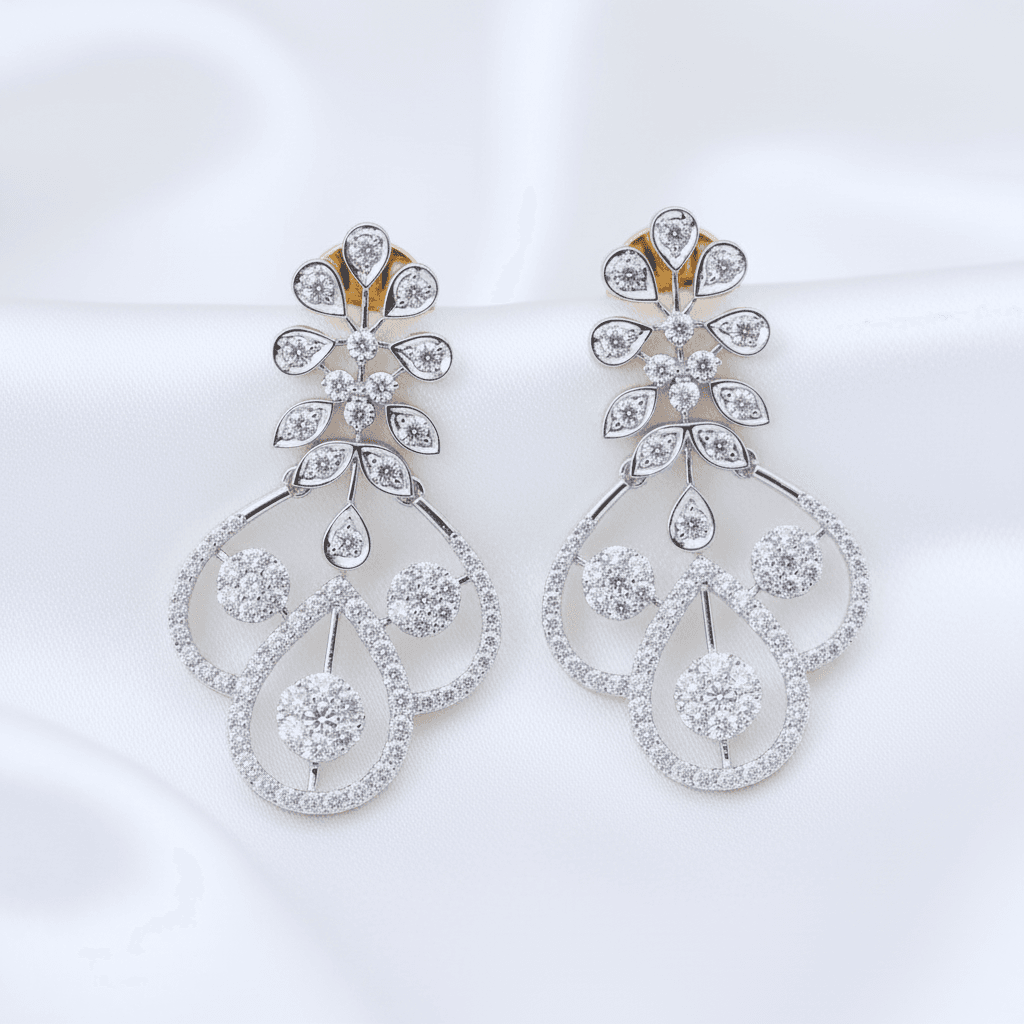 Floral Swirl Chandelier Diamond Drop Earrings — E059