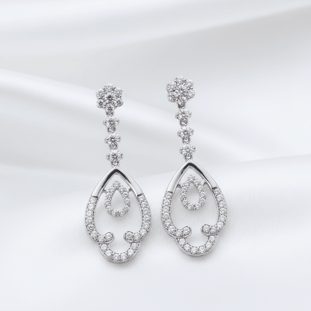 Double Teardrop Swirl Diamond Drop Earrings — E063