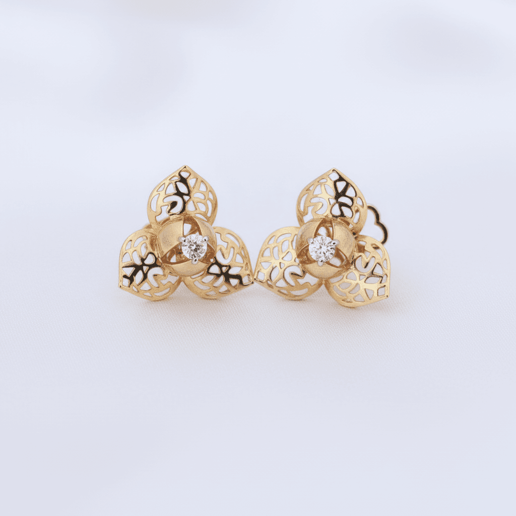 Gold Filigree Flower Diamond Stud Earrings — E070