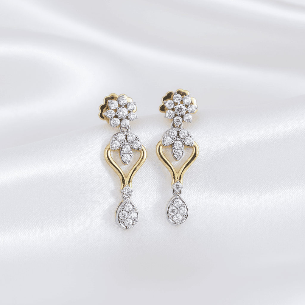 Two-Tone Floral Teardrop Diamond Drop Earrings — E074