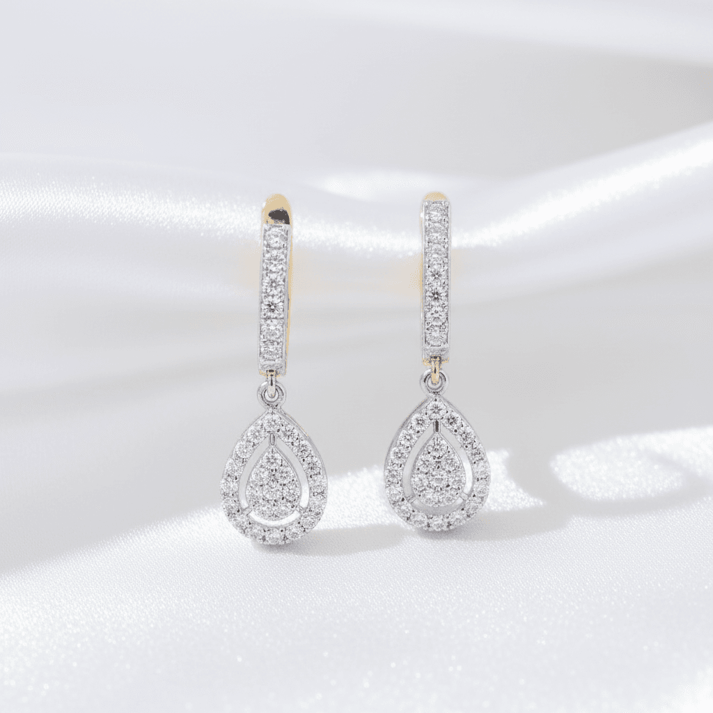 Two-Tone Huggie Teardrop Diamond Drop Earrings — E075