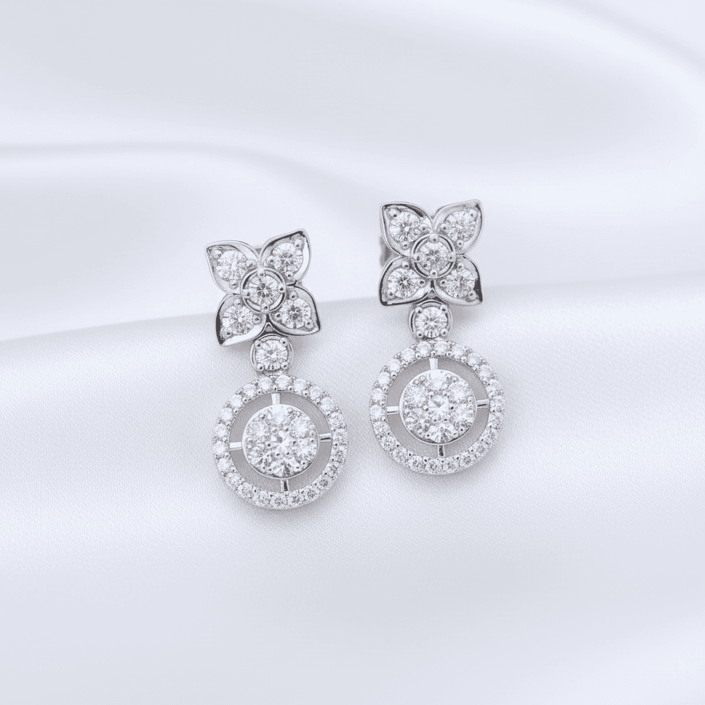 Butterfly Flower Double Halo Diamond Drop Earrings — E077