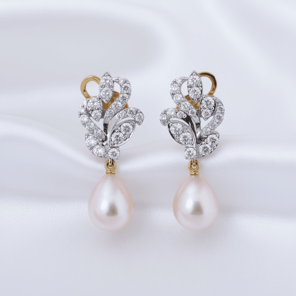 Pink Pearl Diamond Leaf Cluster Drop Earrings — E084