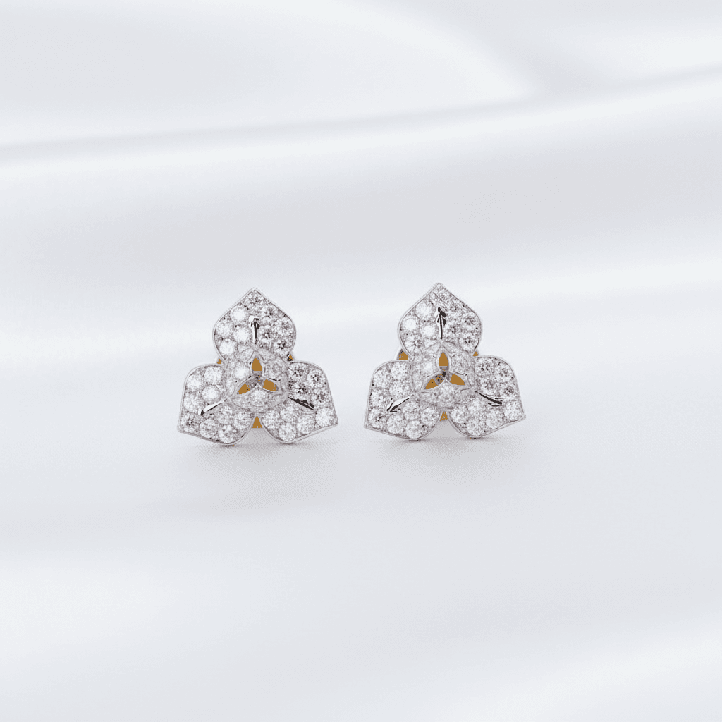 Three Petal Flower Diamond Cluster Stud Earrings — E094
