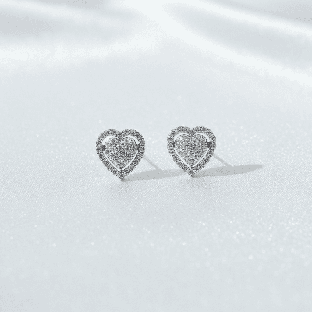 Double Heart Halo Diamond Stud Earrings — E098
