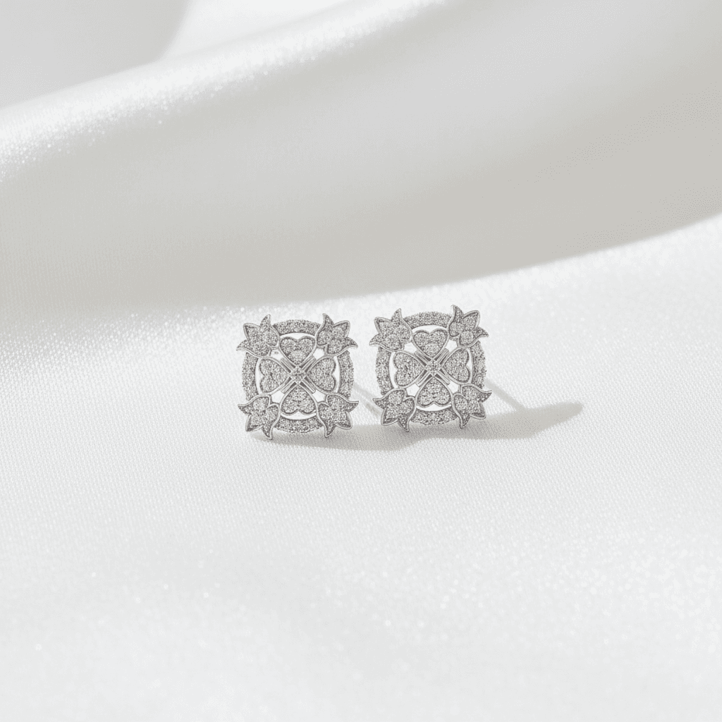 Open Cross Floral Diamond Stud Earrings — E109