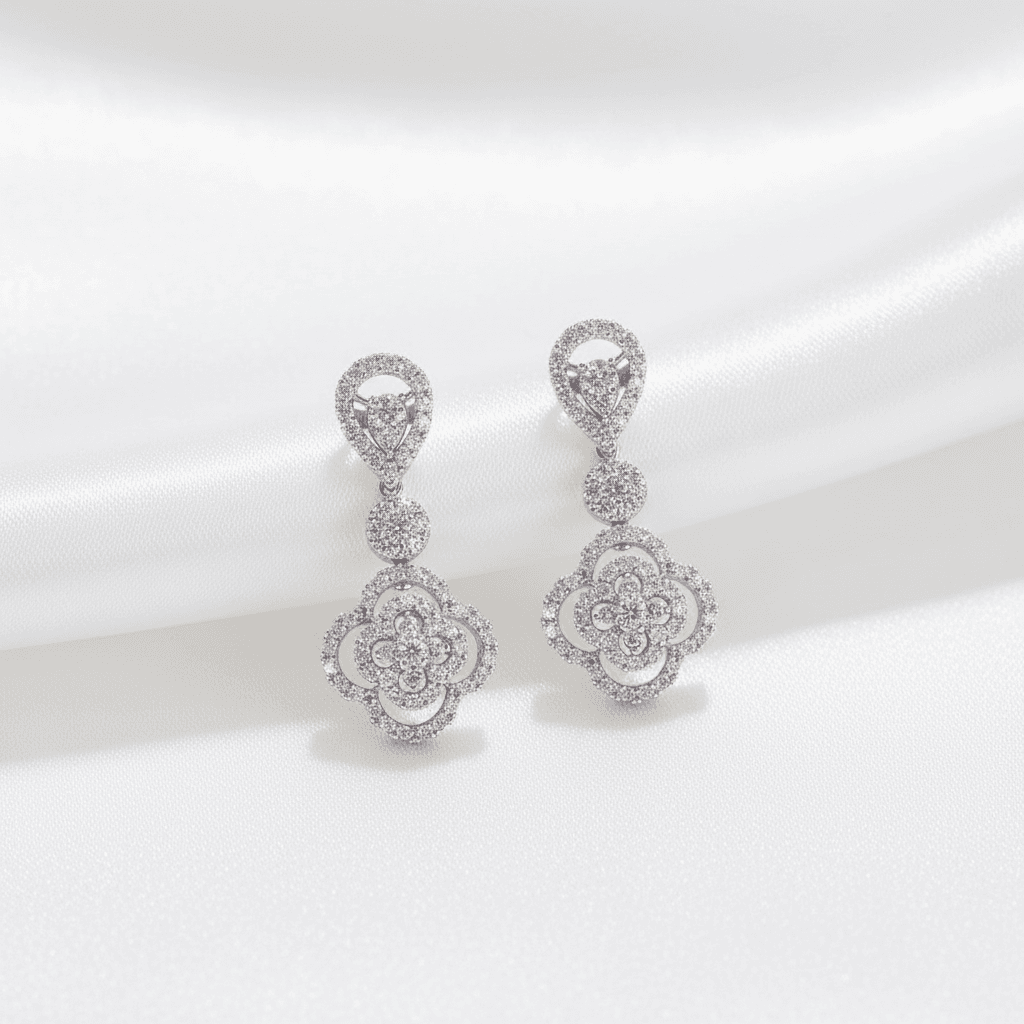Pear Top Clover Halo Diamond Drop Earrings — E114