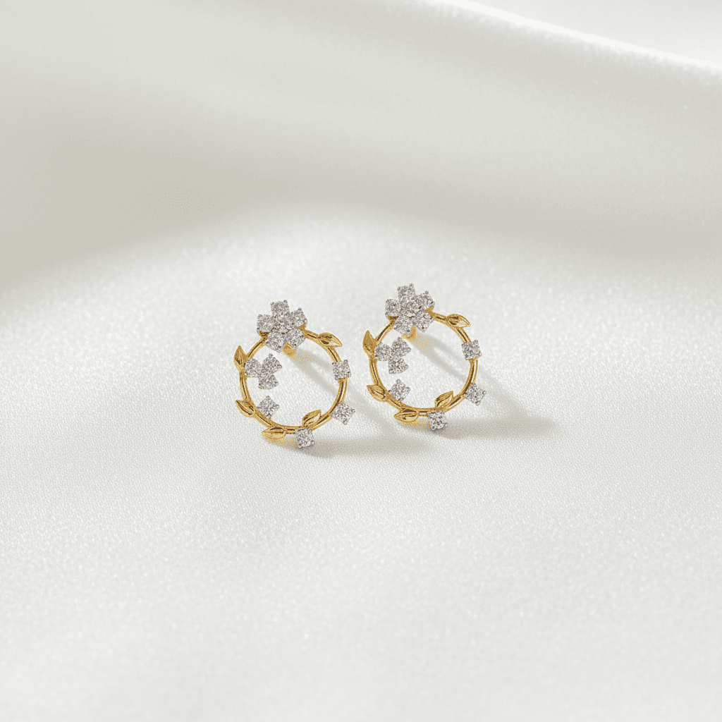 Two-Tone Floral Wreath Hoop Diamond Earrings — E117