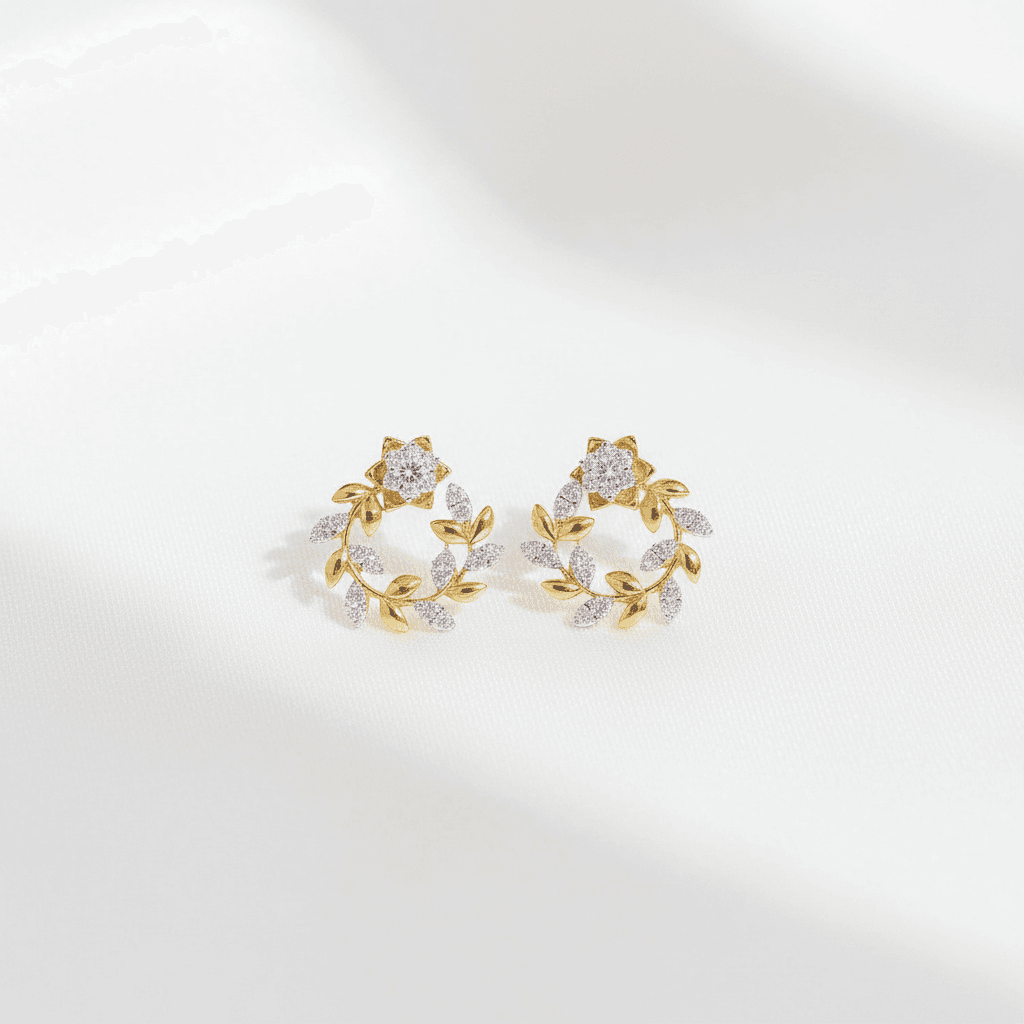 Two-Tone Flower & Leaf Wreath Diamond Stud Earrings — E118