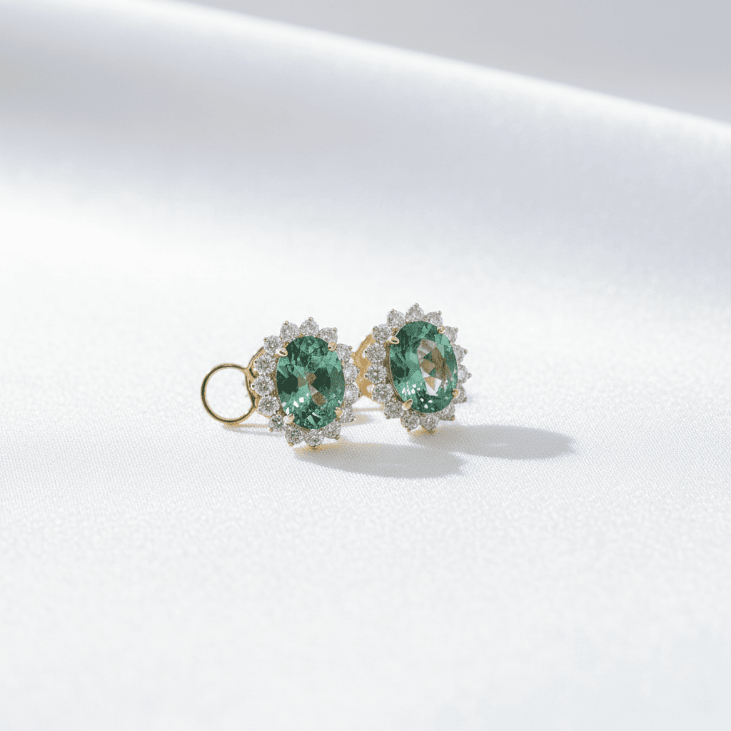 Green Tourmaline Diamond Halo Stud Earrings — E120