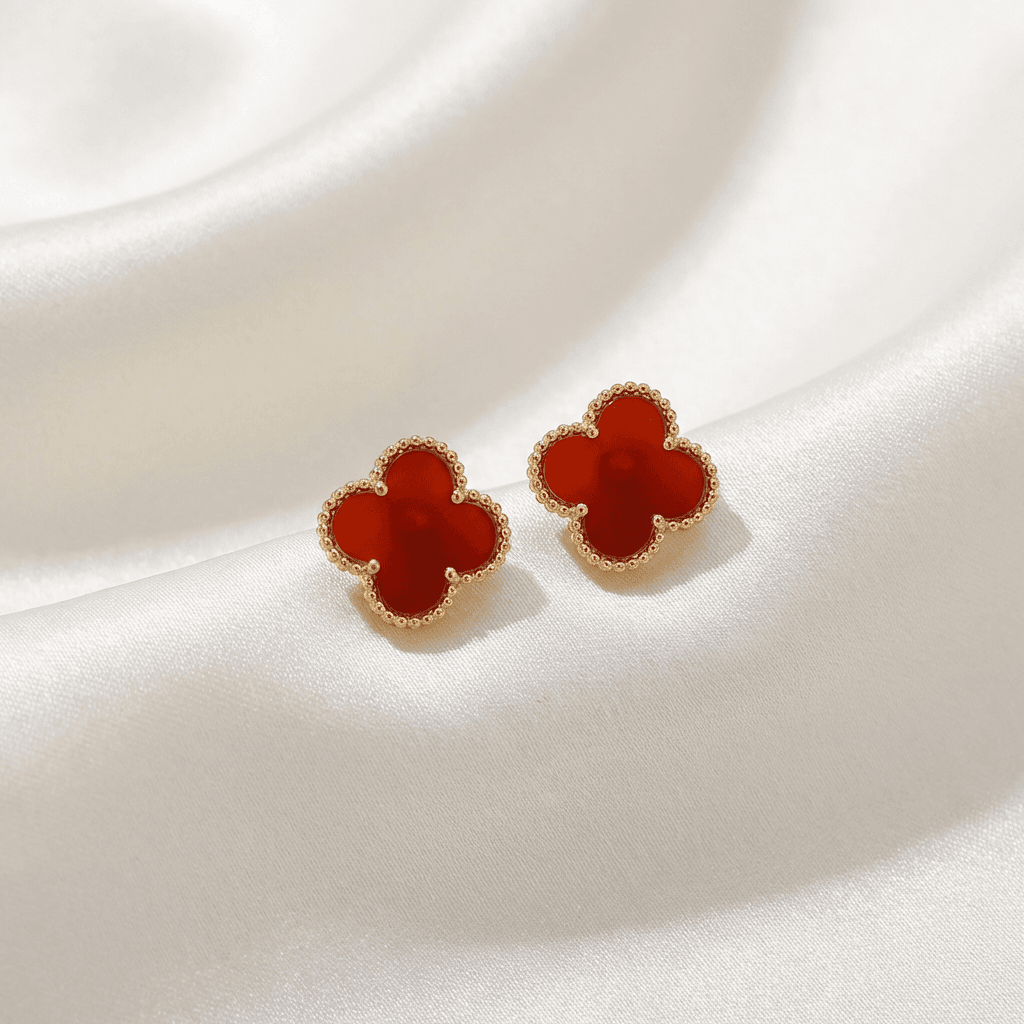Red Carnelian Clover Gold Stud Earrings — E132