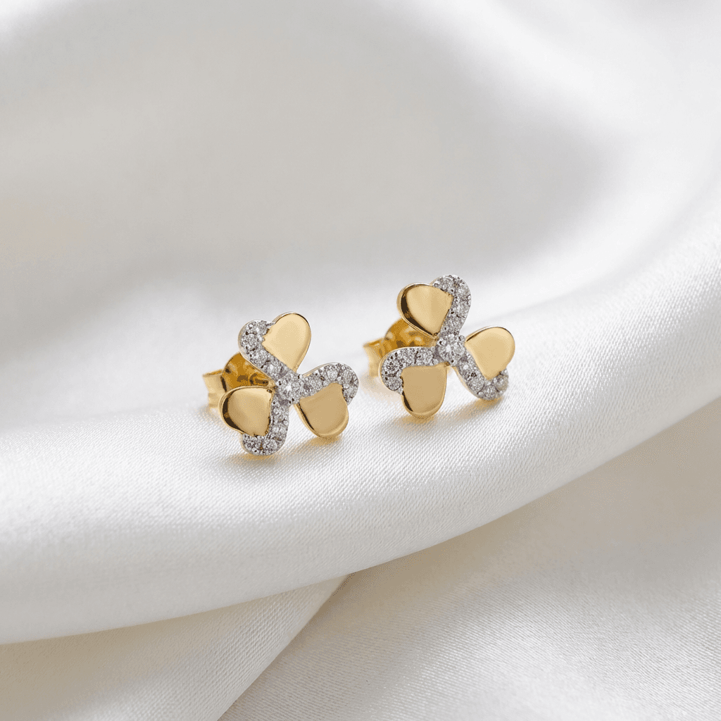 Gold Trefoil Diamond Outline Stud Earrings — E136