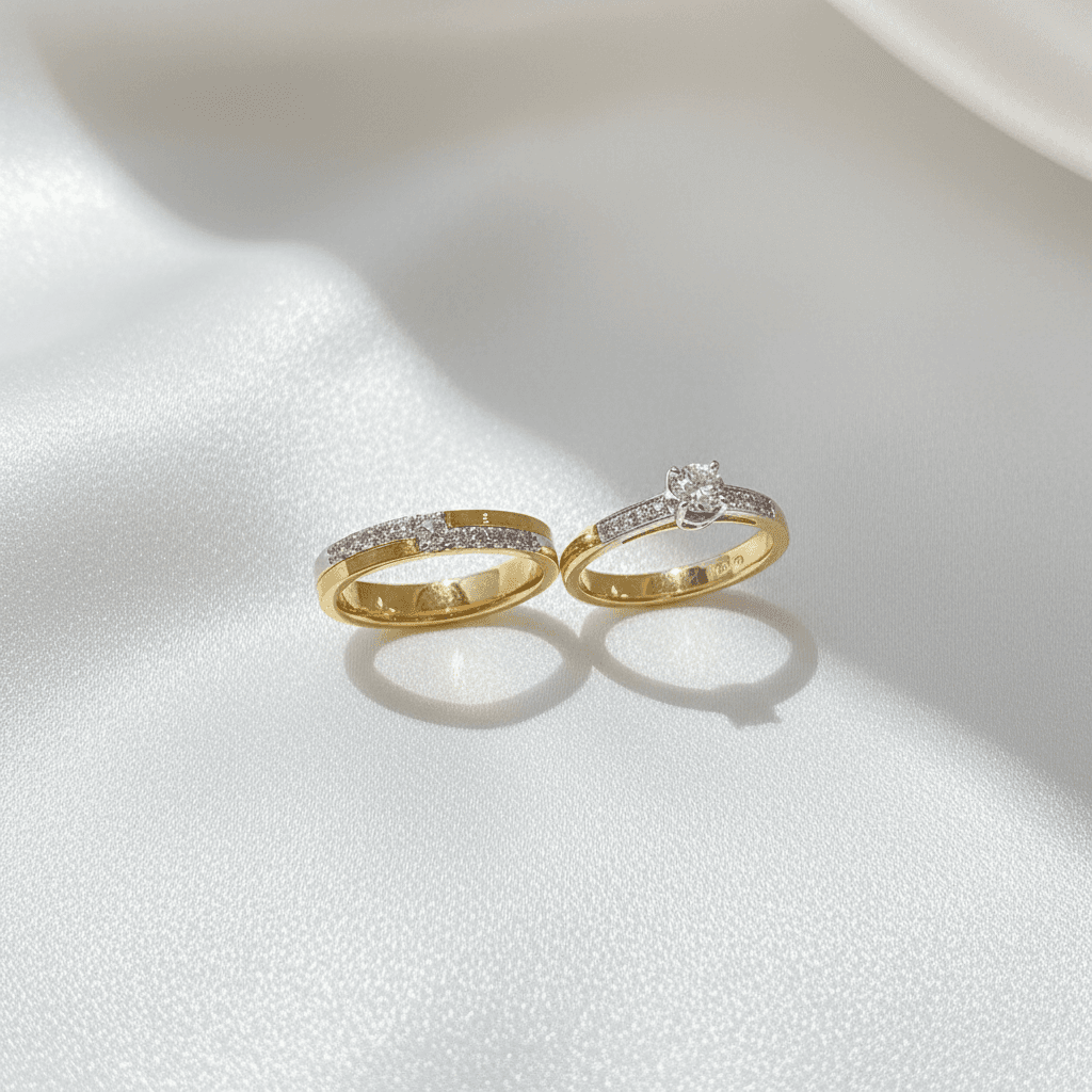 Pavé Band & Solitaire Shoulder Diamond Couple Rings — ER024