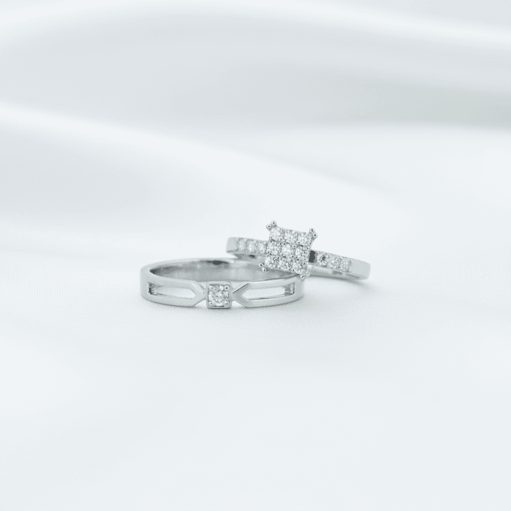 White Gold Geometric Cutout Band & Square Cluster Couple Rings — ER032