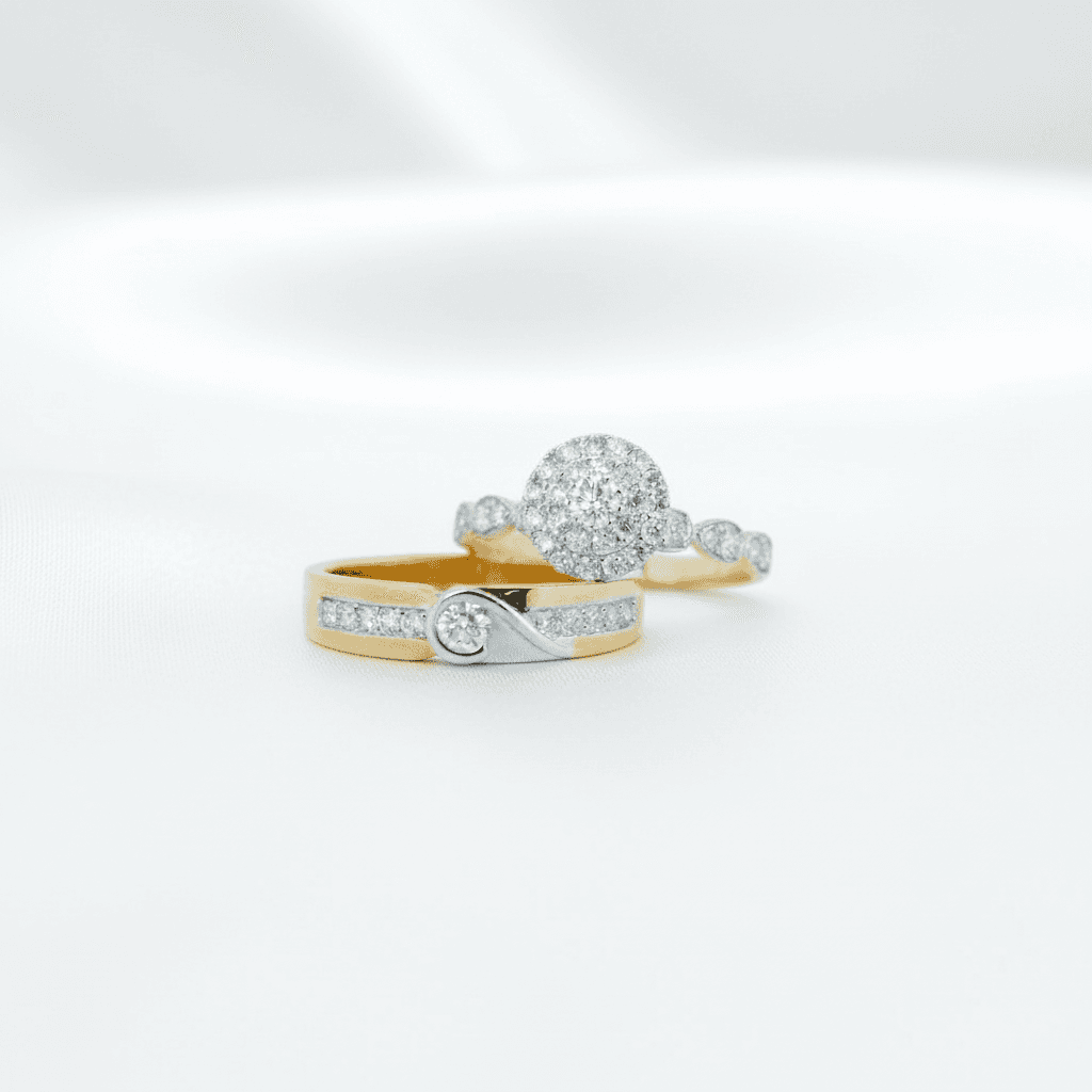 Two-Tone Channel Band & Round Cluster Halo Couple Rings — ER033
