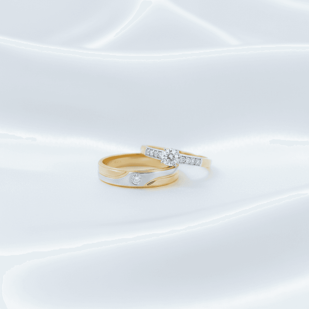 Two-Tone Solitaire & Bezel Diamond Couple Rings (ER034) — ER034